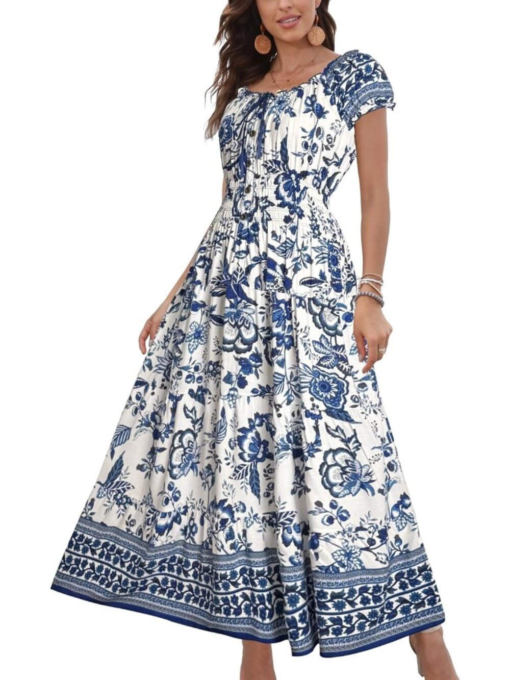 Women's White & Blue Boho Floral Flowy Print Tiered Short Sleeves Maxi Dress